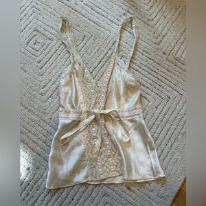 Miguelina Cream Silk Lace Bow Top